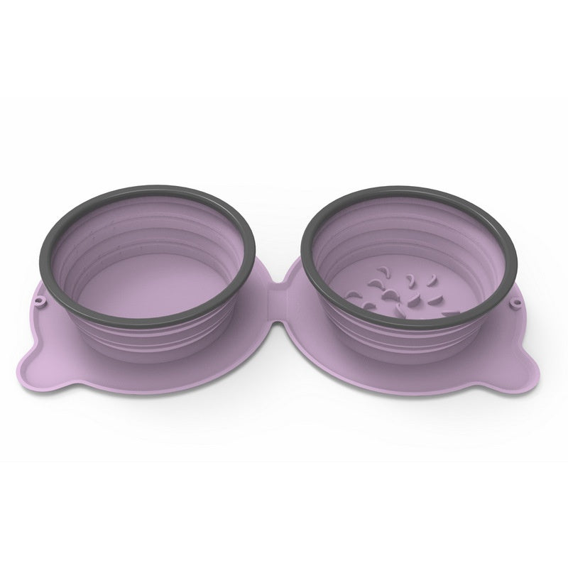 Portable Silicone Double Dog Food Bowls - Foldable Non-Slip Cat Feeding Bowl for Travel and Outdoor Use