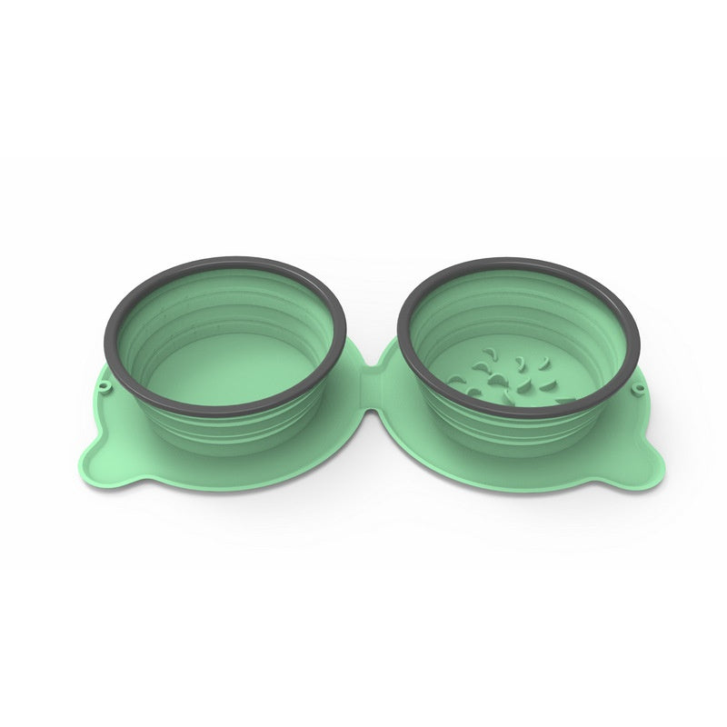 Portable Silicone Double Dog Food Bowls - Foldable Non-Slip Cat Feeding Bowl for Travel and Outdoor Use