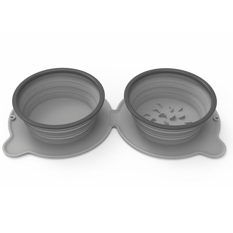 Portable Silicone Double Dog Food Bowls - Foldable Non-Slip Cat Feeding Bowl for Travel and Outdoor Use