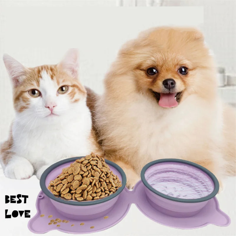 Portable Silicone Double Dog Food Bowls - Foldable Non-Slip Cat Feeding Bowl for Travel and Outdoor Use