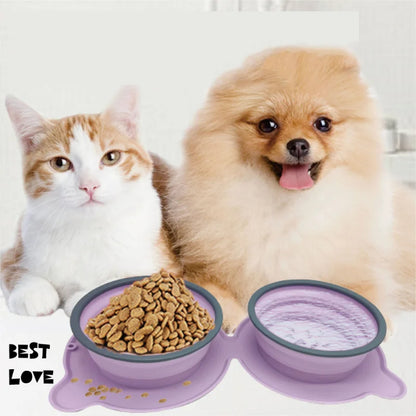 Portable Silicone Double Dog Food Bowls - Foldable Non-Slip Cat Feeding Bowl for Travel and Outdoor Use