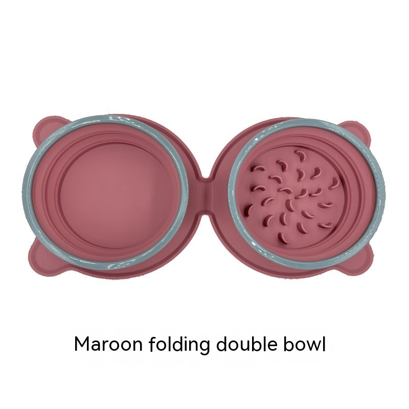 Portable Silicone Double Dog Food Bowls - Foldable Non-Slip Cat Feeding Bowl for Travel and Outdoor Use
