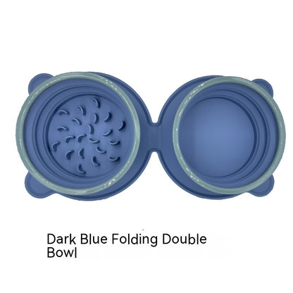 Portable Silicone Double Dog Food Bowls - Foldable Non-Slip Cat Feeding Bowl for Travel and Outdoor Use